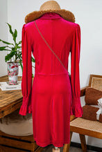 Load image into Gallery viewer, Racing Red Tinsel Buttoned Bishop Sleeve Surplice Neck Ruffled Mini Dress