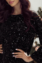 Load image into Gallery viewer, Black Sequin Long Sleeve Knot Cutout Back Mini Dress