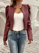 Load image into Gallery viewer, PU Leather Open Front Puff Sleeve Jacket