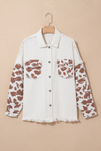 Load image into Gallery viewer, White Cow Spot Patchwork Flap Pocket Distressed Hem Long Denim Jacket