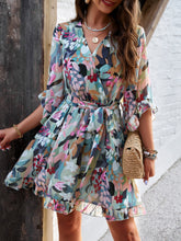 Load image into Gallery viewer, Ruffled Printed Surplice Half Sleeve Mini Dress