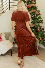 Load image into Gallery viewer, Chestnut Velvet Short Sleeve Shirred Waist Tiered Maxi Dress