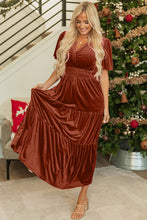 Load image into Gallery viewer, Chestnut Velvet Short Sleeve Shirred Waist Tiered Maxi Dress