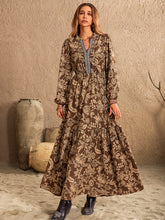 Load image into Gallery viewer, Ruched Printed Notched Long Sleeve Maxi Dress