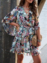 Load image into Gallery viewer, Ruffled Printed Surplice Half Sleeve Mini Dress