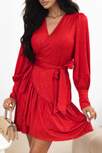 Load image into Gallery viewer, Racing Red Tinsel Buttoned Bishop Sleeve Surplice Neck Ruffled Mini Dress