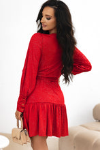 Load image into Gallery viewer, Racing Red Tinsel Buttoned Bishop Sleeve Surplice Neck Ruffled Mini Dress