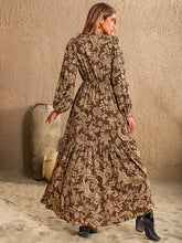 Load image into Gallery viewer, Ruched Printed Notched Long Sleeve Maxi Dress