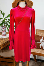 Load image into Gallery viewer, Racing Red Tinsel Buttoned Bishop Sleeve Surplice Neck Ruffled Mini Dress