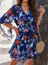 Load image into Gallery viewer, Ruffled Printed Surplice Half Sleeve Mini Dress