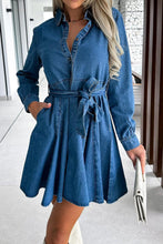 Load image into Gallery viewer, Tied Half Button Long Sleeve Denim Dress