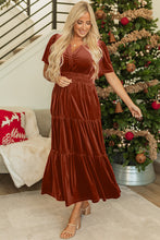 Load image into Gallery viewer, Chestnut Velvet Short Sleeve Shirred Waist Tiered Maxi Dress