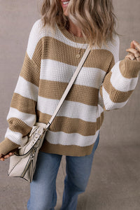 Light French Beige Colorblock Striped Drop Shoulder Side Slit Sweater