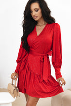 Load image into Gallery viewer, Racing Red Tinsel Buttoned Bishop Sleeve Surplice Neck Ruffled Mini Dress