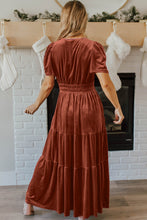 Load image into Gallery viewer, Chestnut Velvet Short Sleeve Shirred Waist Tiered Maxi Dress