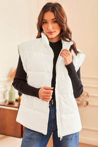 Beige Zipper Stand Neck Oversized Puffer Vest