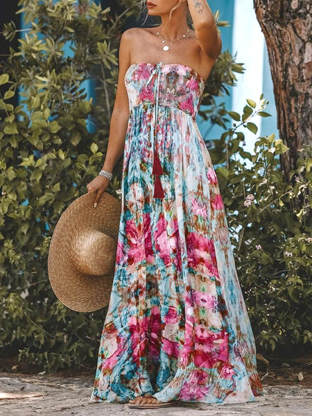 Smocked Printed Sleeveless Maxi Dress