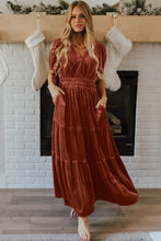 Load image into Gallery viewer, Chestnut Velvet Short Sleeve Shirred Waist Tiered Maxi Dress