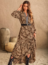 Load image into Gallery viewer, Ruched Printed Notched Long Sleeve Maxi Dress