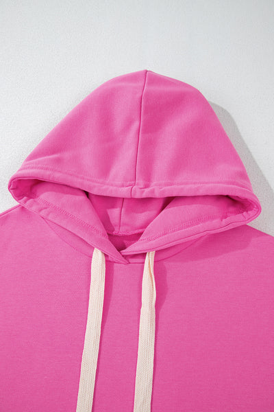 Sachet Pink Solid Drop Shoulder Drawstring Cropped Hoodie