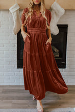 Load image into Gallery viewer, Chestnut Velvet Short Sleeve Shirred Waist Tiered Maxi Dress