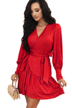 Load image into Gallery viewer, Racing Red Tinsel Buttoned Bishop Sleeve Surplice Neck Ruffled Mini Dress