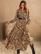 Load image into Gallery viewer, Ruched Printed Notched Long Sleeve Maxi Dress