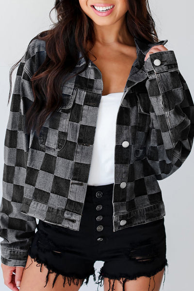 Black Checkered Patchwork Button up Denim Jacket