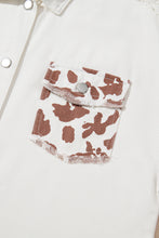 Load image into Gallery viewer, White Cow Spot Patchwork Flap Pocket Distressed Hem Long Denim Jacket