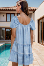 Load image into Gallery viewer, Square Neck Puff Sleeve Denim Dress