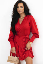 Load image into Gallery viewer, Racing Red Tinsel Buttoned Bishop Sleeve Surplice Neck Ruffled Mini Dress