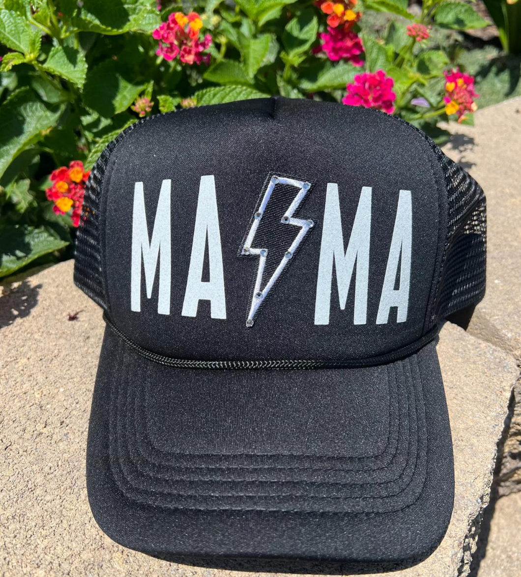 Mama and Lightning Bolt Patch Black Trucker Hat