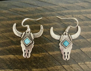 Steer Head Silver Turquoise Earrings