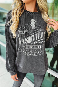 Ribbed Round Neck Long Sleeve Graphic Sweatshirt