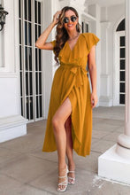 Load image into Gallery viewer, Ruffled Surplice Tie Waist Slit Midi Dress