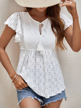 Load image into Gallery viewer, Eyelet Tie Neck Cap Sleeve Blouse