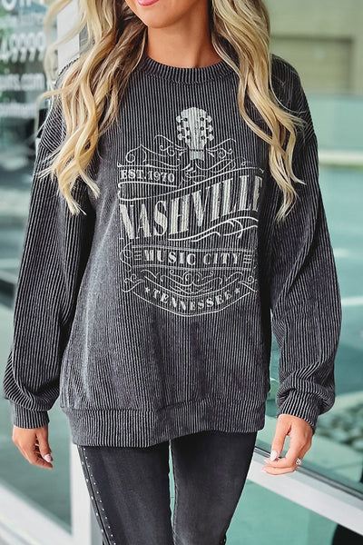 Ribbed Round Neck Long Sleeve Graphic Sweatshirt